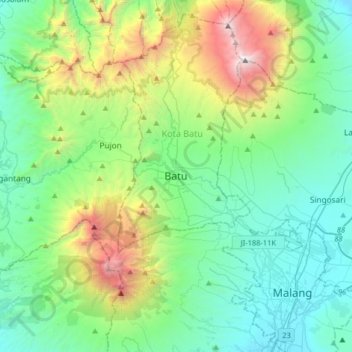 Mapa topográfico Batu, altitud, relieve