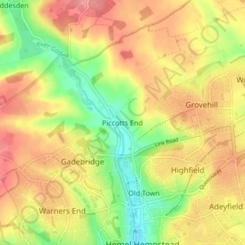 Mapa topográfico Piccotts End, altitud, relieve