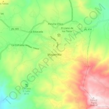 Mapa topográfico Mazamitla, altitud, relieve