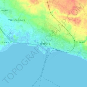 Mapa topográfico Trelleborg, altitud, relieve