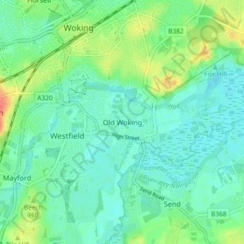 Mapa topográfico Old Woking, altitud, relieve