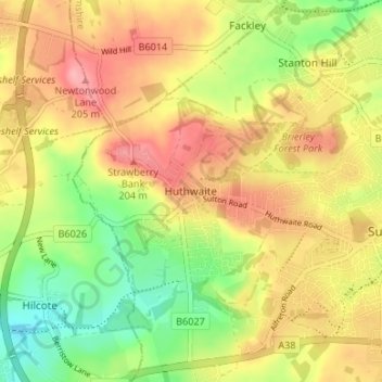 Mapa topográfico Huthwaite, altitud, relieve