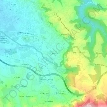 Mapa topográfico La Pontica, altitud, relieve