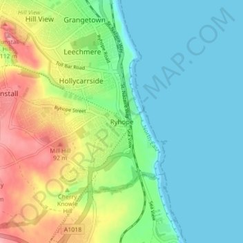 Mapa topográfico Ryhope, altitud, relieve