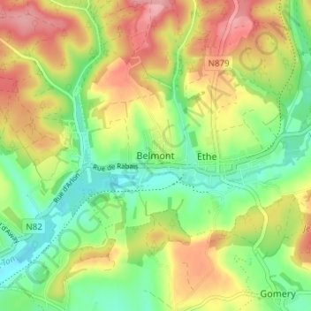 Mapa topográfico Belmont, altitud, relieve