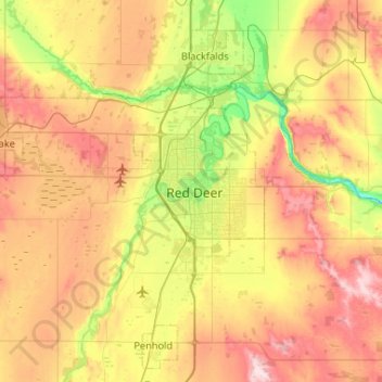 Mapa topográfico Red Deer, altitud, relieve