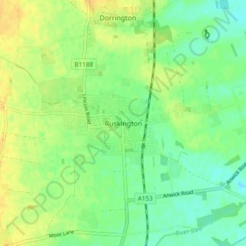 Mapa topográfico Ruskington, altitud, relieve