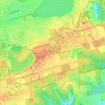 Mapa topográfico Oak Ridges Corridor Park, altitud, relieve