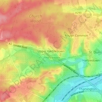 Mapa topográfico Upper Harbledown, altitud, relieve