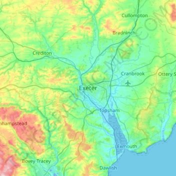 Mapa topográfico Exeter, altitud, relieve