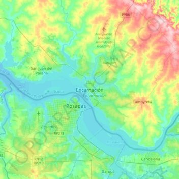 Mapa topográfico Encarnación, altitud, relieve
