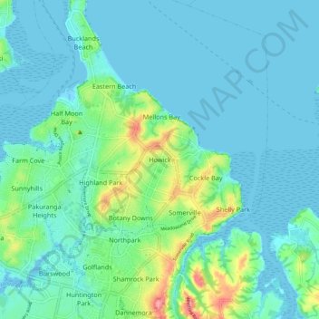 Mapa topográfico Howick, altitud, relieve