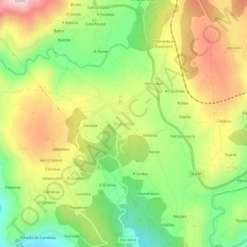 Mapa topográfico Boborás, altitud, relieve