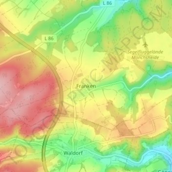 Mapa topográfico Franken, altitud, relieve