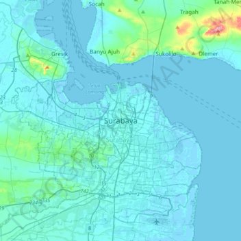 Mapa topográfico Surabaya, altitud, relieve