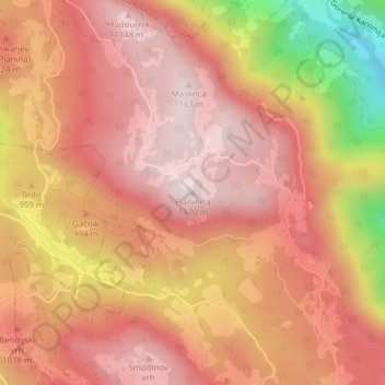 Mapa topográfico Planinica, altitud, relieve