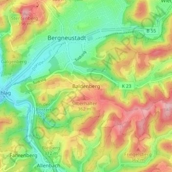 Mapa topográfico Baldenberg, altitud, relieve