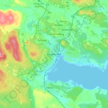 Mapa topográfico Hudiksvall, altitud, relieve