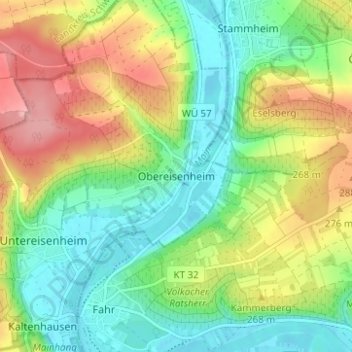 Mapa topográfico Obereisenheim, altitud, relieve
