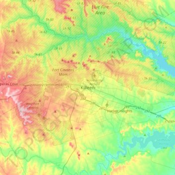Mapa topográfico Killeen, altitud, relieve