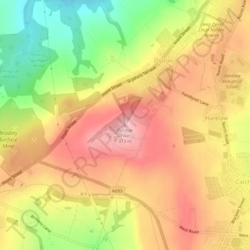 Mapa topográfico Pontop Pike, altitud, relieve