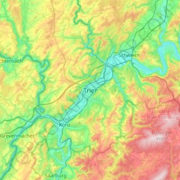 Mapa topográfico Trier, altitud, relieve