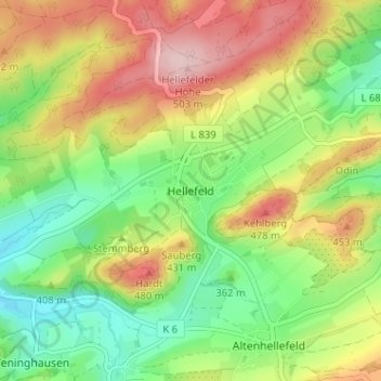 Mapa topográfico Hellefeld, altitud, relieve