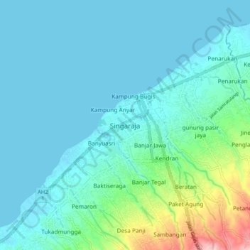 Mapa topográfico Singaraja, altitud, relieve