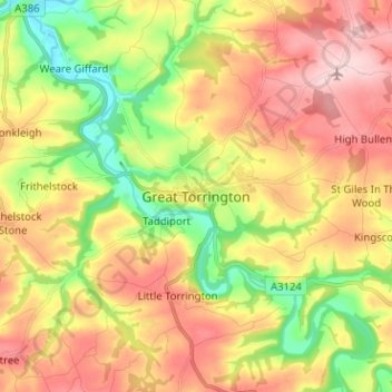 Mapa topográfico Great Torrington, altitud, relieve