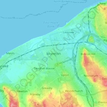 Mapa topográfico Moreton, altitud, relieve