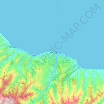 Mapa topográfico Trebisonda, altitud, relieve