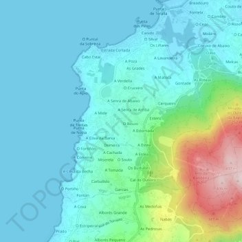 Mapa topográfico Currás, altitud, relieve
