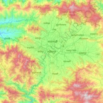 Mapa topográfico Lalitpur, altitud, relieve