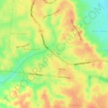 Mapa topográfico Duri Barat, altitud, relieve