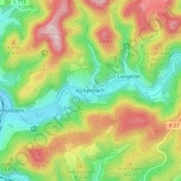 Mapa topográfico Kickenbach, altitud, relieve