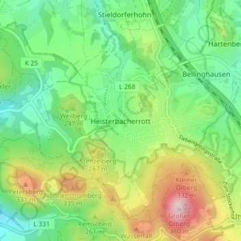 Mapa topográfico Heisterbacherrott, altitud, relieve