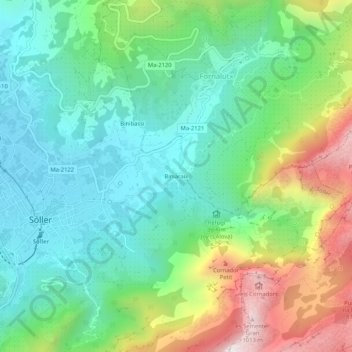 Mapa topográfico Biniaraix, altitud, relieve