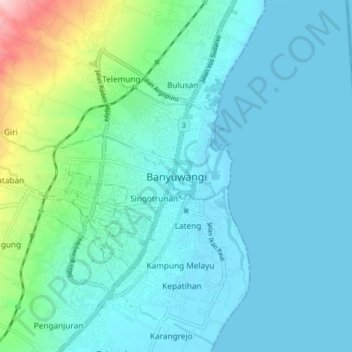 Mapa topográfico Banyuwangi, altitud, relieve