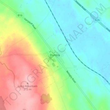 Mapa topográfico Dunloy, altitud, relieve