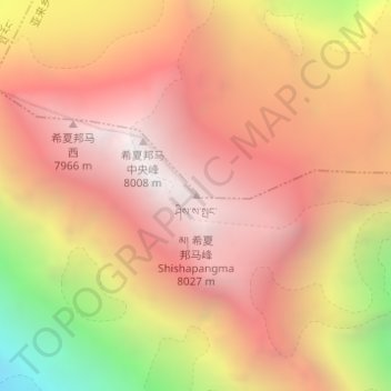Mapa topográfico ཤིས་ས་སྤང་མ། 希夏幫馬峰 Shishapangma, altitud, relieve