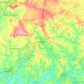 Mapa topográfico Limeira, altitud, relieve