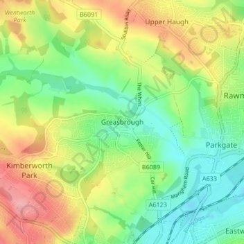 Mapa topográfico Greasbrough, altitud, relieve