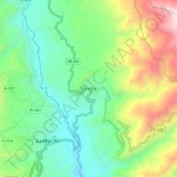 Mapa topográfico Sóndor, altitud, relieve