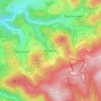 Mapa topográfico Rinsecke, altitud, relieve