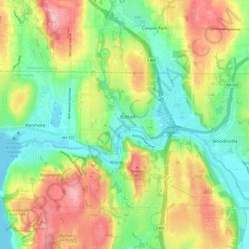 Mapa topográfico Bothell, altitud, relieve