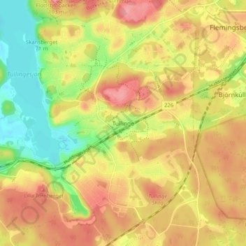 Mapa topográfico Tullinge, altitud, relieve