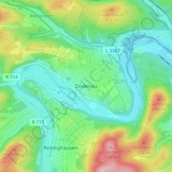 Mapa topográfico Dodenau, altitud, relieve