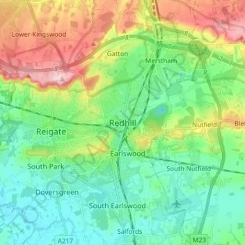 Mapa topográfico Redhill, altitud, relieve