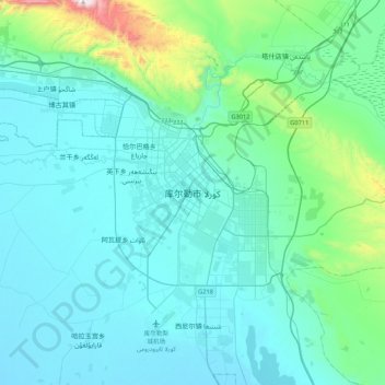 Mapa topográfico Korla, altitud, relieve