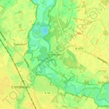 Mapa topográfico Sinningen, altitud, relieve